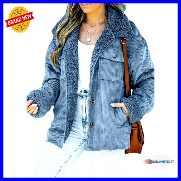 Corduroy Sherpa Jacket Button Down Fleece Collar Winter Warm Coat Loose Fit